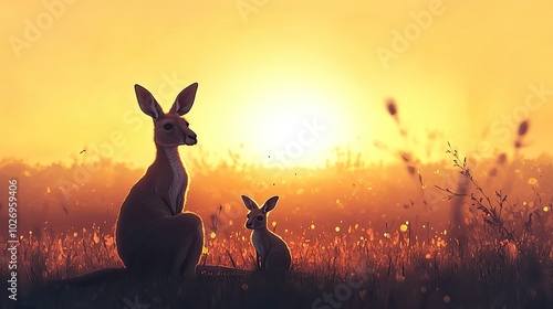 A kangaroo mother and her joey sitting in a grassy field at sunset, peacefully grazing