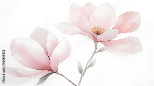 Watercolor magnolia blooms in soft pink and white tones, with minimal branch details, arranged on a light background, exuding a sense of quiet beauty and simplicity 
