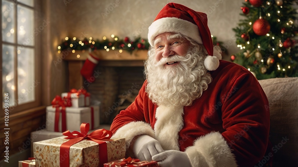 Grandpa Santa Claus is dressed in a red Santa suit inside a beautifully decorated house for Christmas and New Year's celebrations, with lovely bokeh lights adding to the festive Grandpa Santa Claus is dressed in a red Santa suit inside a beautifully decorated house for Christmas and New Year's celebrations, with lovely bokeh lights adding to the festive