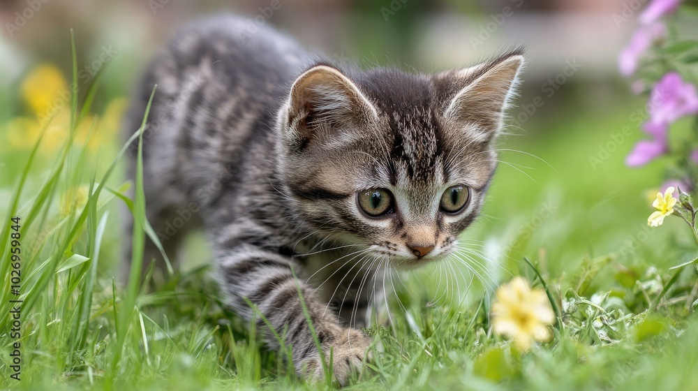 A kitten exploring a garden, walking through tall grass and stopping to smell the flowers A kitten exploring a garden, walking through tall grass and stopping to smell the flowers