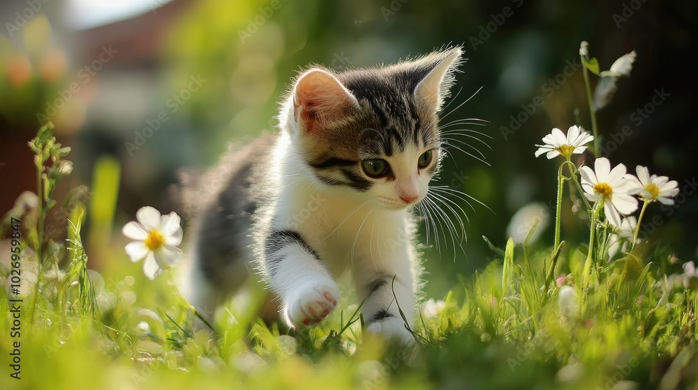 Fototapeta premium A kitten exploring a garden, walking through tall grass and stopping to smell the flowers