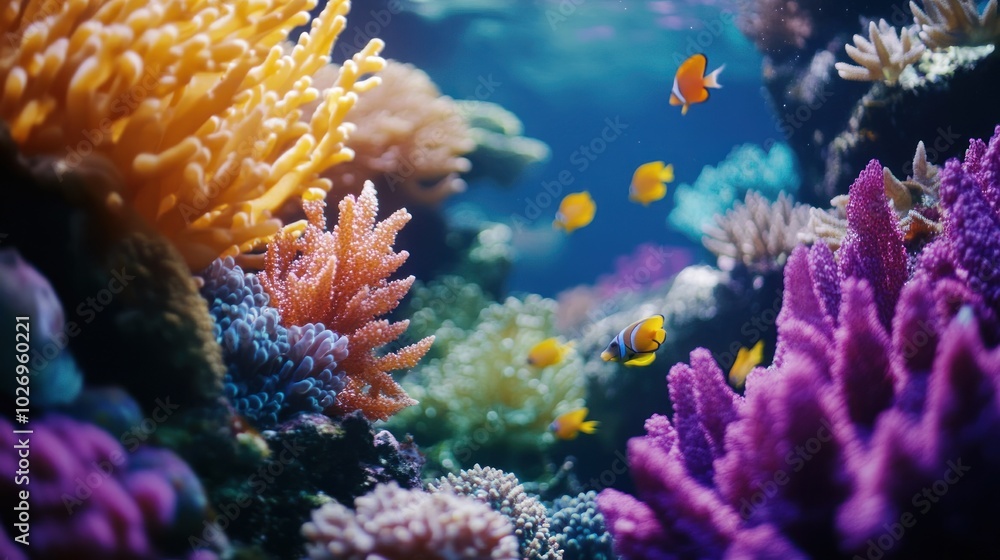 Naklejka premium Vibrant underwater scene with colorful corals and tropical fish swimming among them.