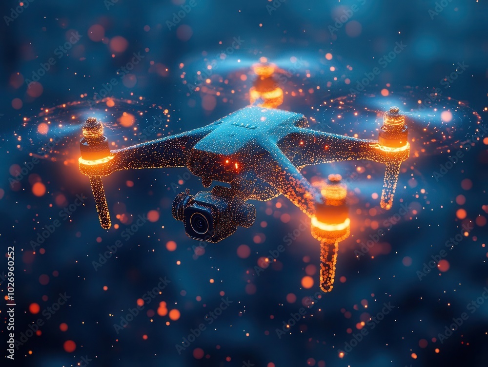 abstract representation of a drone equipped with an action video camera, composed of geometric lines and dots against a deep blue backdrop, symbolizing innovation in photography and technology abstract representation of a drone equipped with an action video camera, composed of geometric lines and dots against a deep blue backdrop, symbolizing innovation in photography and technology