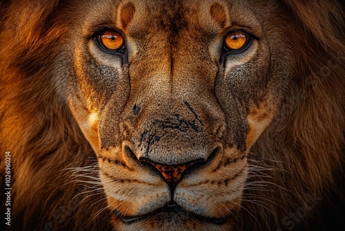 Close-up portrait of a majestic lion with piercing amber eyes staring directly at the camera.