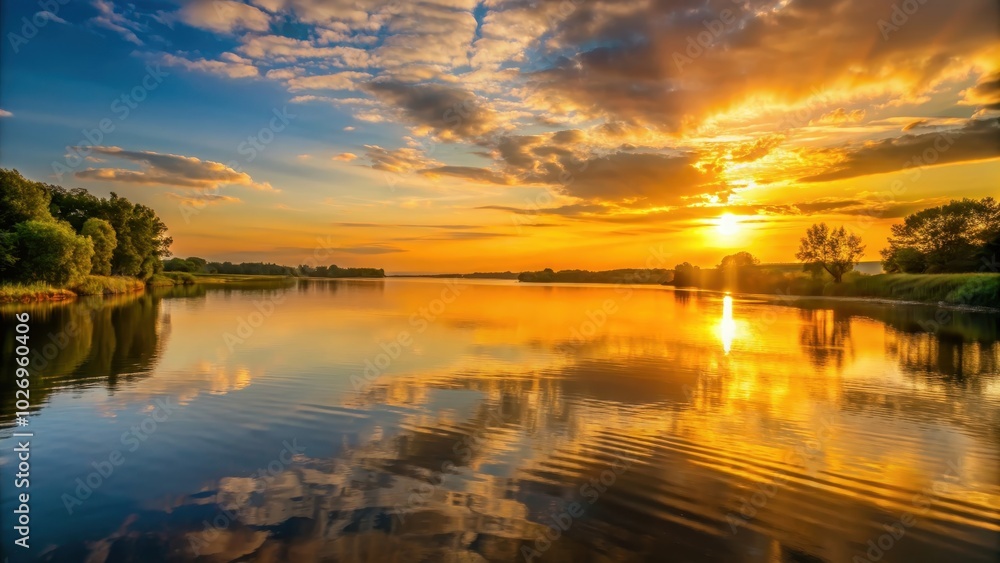 Naklejka premium Sunset casting a golden glow over a calm river, sunset, river, water, nature, sky, clouds, reflection, serene, peaceful