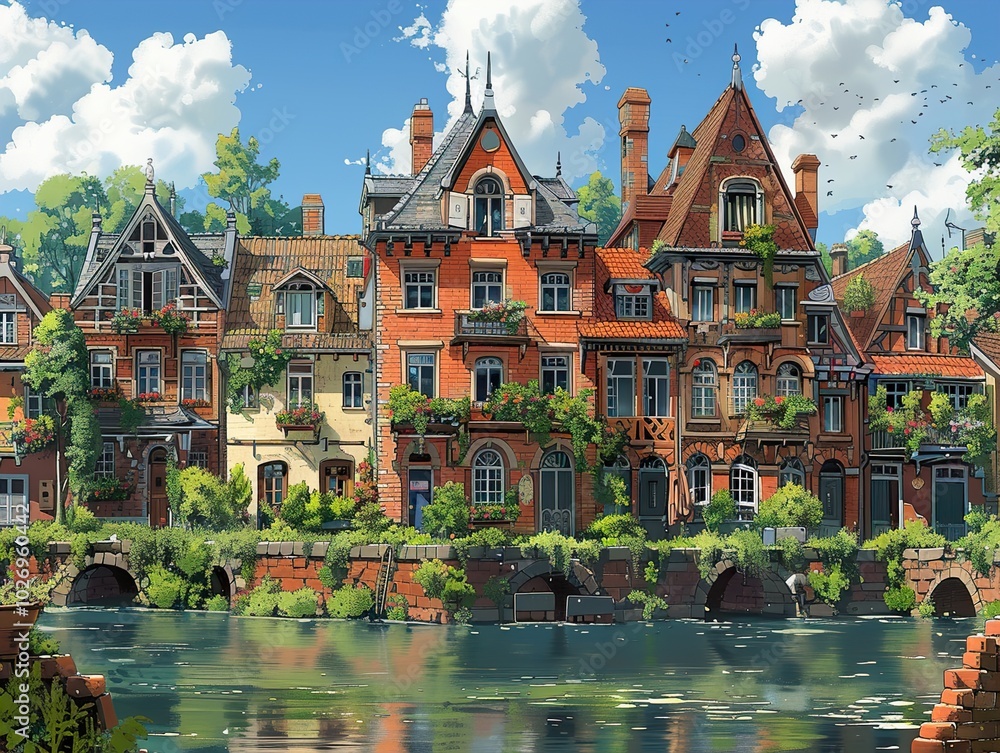 Fototapeta premium Charming Townhouses by the River: A Picturesque Landscape