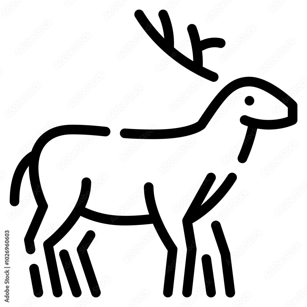 This artwork features a simplified line drawing of a reindeer, showcasing its antlers and distinctive shape in black. This artwork features a simplified line drawing of a reindeer, showcasing its antlers and distinctive shape in black.