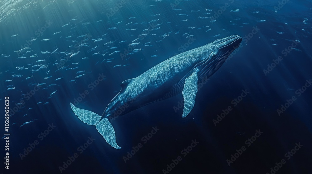 A large blue whale swimming gracefully through the deep ocean, surrounded by schools of fish and other sea life. A large blue whale swimming gracefully through the deep ocean, surrounded by schools of fish and other sea life.