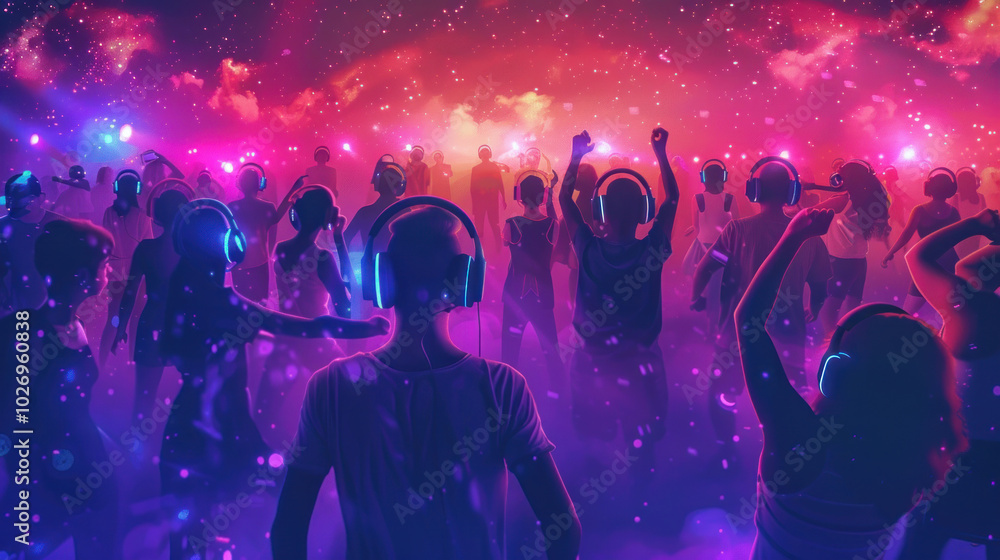 © Santy Hong - A vibrant silent disco festival with participants wearing headphones, dancing to their own beat under a starlit sky, surrounded by glowing neon lights. © Santy Hong - A vibrant silent disco festival with participants wearing headphones, dancing to their own beat under a starlit sky, surrounded by glowing neon lights.