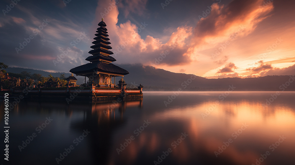 A traditional Balinese temple, Ulun Danu Bratan, sits on a lake in front of mountains with a vibrant, colorful sunrise and a clear reflection in the water. A traditional Balinese temple, Ulun Danu Bratan, sits on a lake in front of mountains with a vibrant, colorful sunrise and a clear reflection in the water.