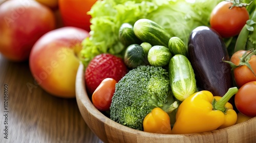 Close-up of vibrant fresh vegetables and fruits on wooden table, symbolizing healthy blood pressure foods, emphasizing natural nutrition and wellness.