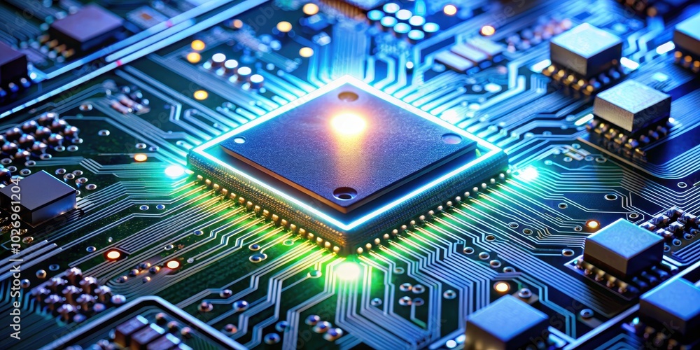 Close-up of a glowing circuit board with microchip and electronic components, circuit board, glowing Close-up of a glowing circuit board with microchip and electronic components, circuit board, glowing