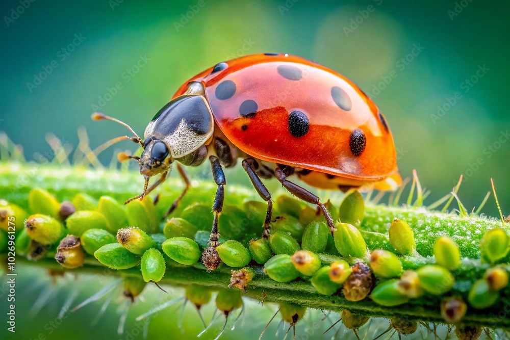 Fototapeta premium Macro Ladybug Devouring Green Aphids with Bokeh Effect for Nature Photography