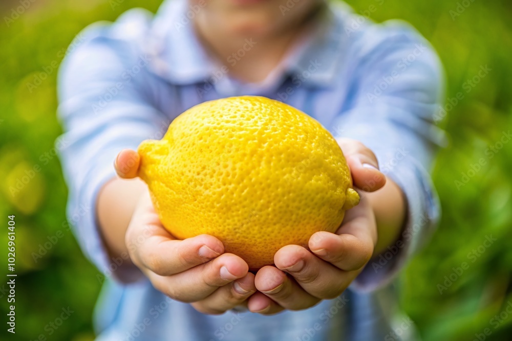 Macro Photography of a Child's Hand Holding a Fresh Lemon - Vibrant and Juicy Citrus Close-Up