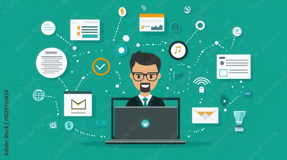 A cheerful businessman working on a laptop surrounded by digital elements, symbolizing innovation and modern technology. A cheerful businessman working on a laptop surrounded by digital elements, symbolizing innovation and modern technology.