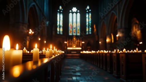 Rows of lit candles illuminate the aisle of a church, leading towards a stained glass window and altar.