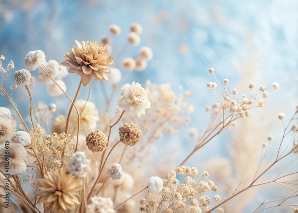 Macro Photography of Beige Dried Flowers on Empty Blue and White Background for Elegant Decor and Design Use Macro Photography of Beige Dried Flowers on Empty Blue and White Background for Elegant Decor and Design Use