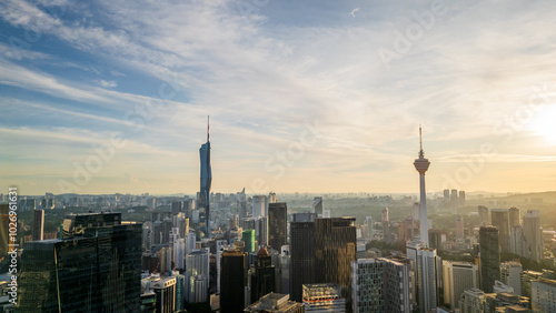 Photography Aerial skyline at sunset cityscape of smart city in Kuala Lumpur, Malaysia on 11