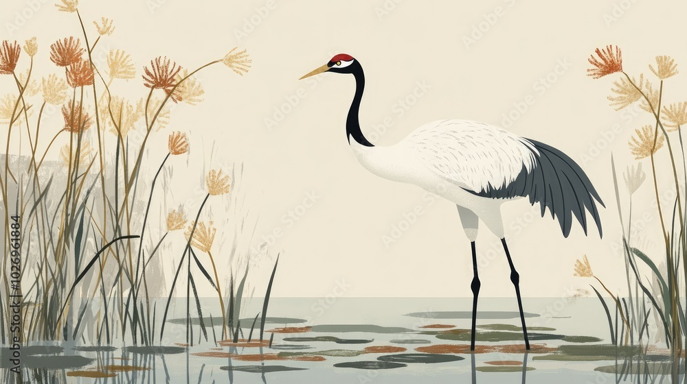 Naklejka premium A majestic crane standing tall in a shallow pond, surrounded by reeds and lily pads