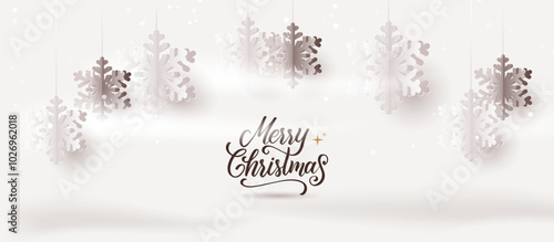 Elegant Merry Christmas greeting card with hanging snowflakes on light background