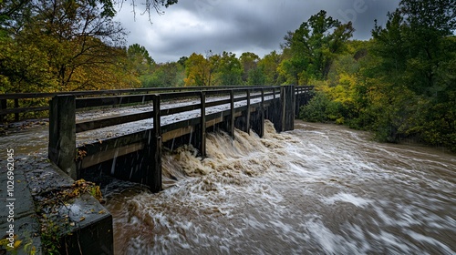 A rapidly rising river threatening to flood a bridge, with dark rain clouds overhead and water surging dangerously close to the edge, capturing the intensity of a natural threat 