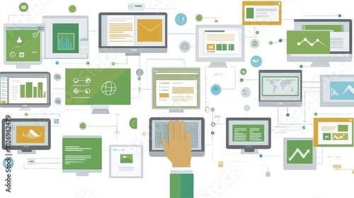 A vibrant digital workspace showcasing multiple screens with graphs, charts, and data visualizations in an engaging green theme.