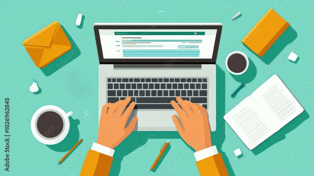 Aerial view of hands typing on a laptop with coffee, snacks, and stationary on a colorful workspace. Aerial view of hands typing on a laptop with coffee, snacks, and stationary on a colorful workspace.