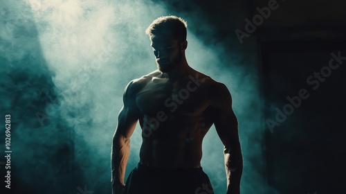 Strong man with defined abs stands in a dark, smoky room, light shining dramatically on his torso, ideal for a fitness banner.