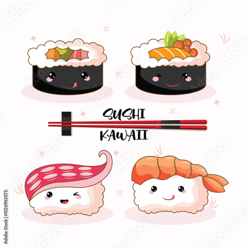 A cute collection of kawaii-style sushi with smiling faces. Food and cartoon character in vector.