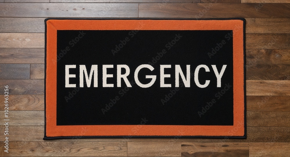 emergency text on mat rug in wooden floor background emergency text on mat rug in wooden floor background