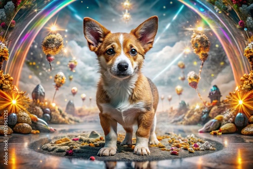 Majestic Adorable Dog Pup in Mythical Fantasy Realm with Spiritual Creatures