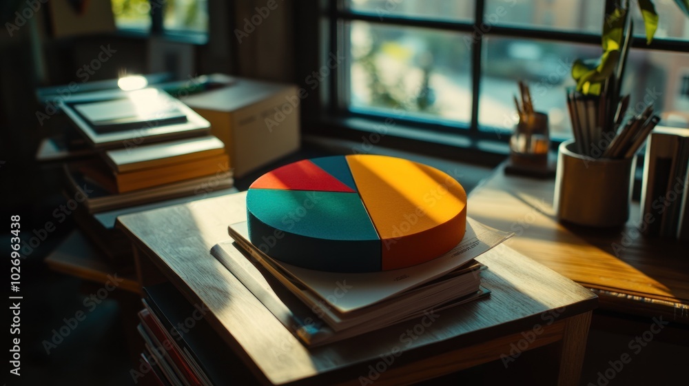 A colorful pie chart on a desk, surrounded by books and stationery in a sunlit room. A colorful pie chart on a desk, surrounded by books and stationery in a sunlit room.