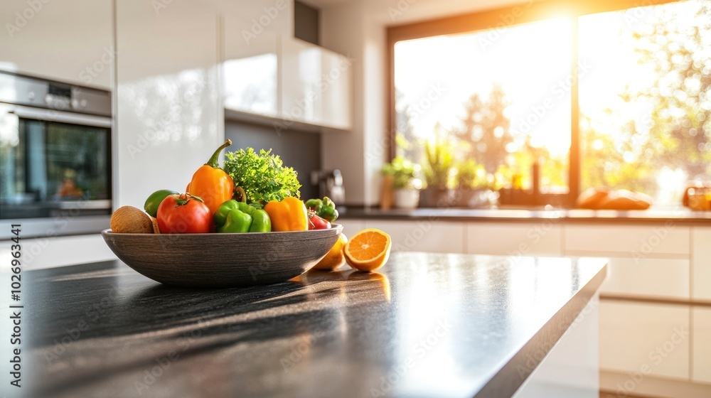 A vibrant bowl of fresh vegetables on a kitchen countertop with sunlight streaming in. A vibrant bowl of fresh vegetables on a kitchen countertop with sunlight streaming in.