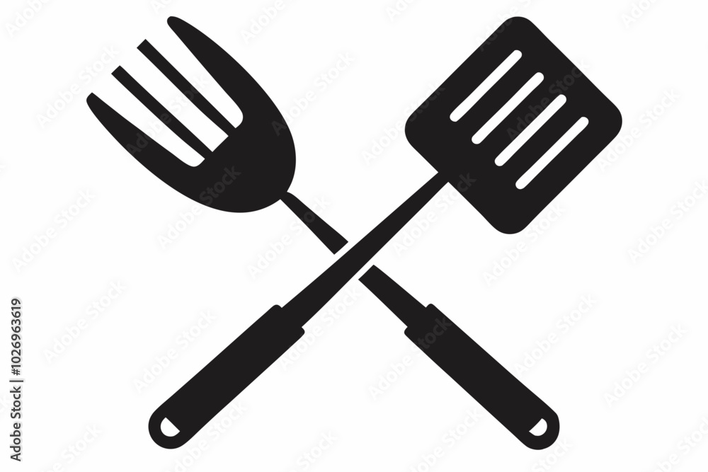 Grill fork and spatula tool icon vector. Barbecue symbol silhouette vector Grill fork and spatula tool icon vector. Barbecue symbol silhouette vector