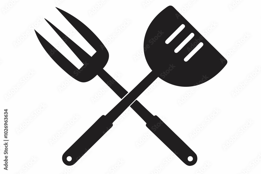 Grill fork and spatula tool icon vector. Barbecue symbol silhouette vector Grill fork and spatula tool icon vector. Barbecue symbol silhouette vector
