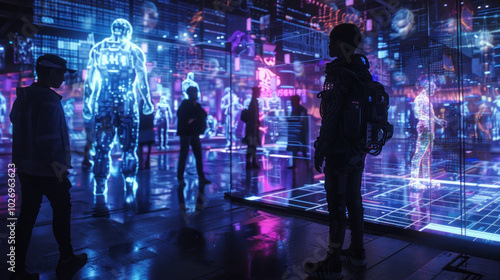 Digital art displays and futuristic installations at a tech festival, with tech-savvy attendees discussing the intersection of technology and creativity.