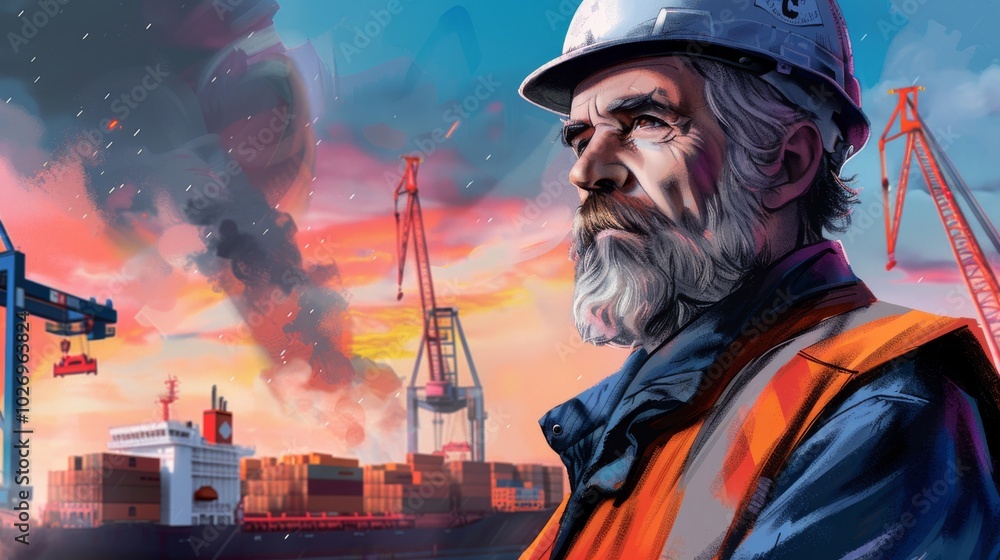 Fototapeta premium Construction Worker at Sunset with Cranes - Safety Vest and Hard Hat Standing Amid Construction Activity
