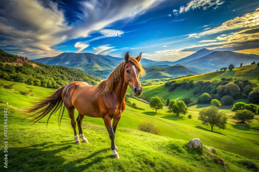 Majestic Horse in Lush Green Meadow of Villa del Carbon, Mexico - Scenic Nature Photography Majestic Horse in Lush Green Meadow of Villa del Carbon, Mexico - Scenic Nature Photography