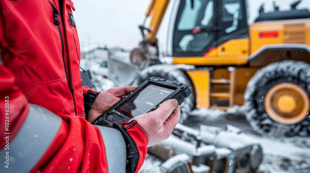 Fototapeta premium Modern Technology in Construction: Construction Worker's Hands Holding Tablet with Machinery Parts in Background
