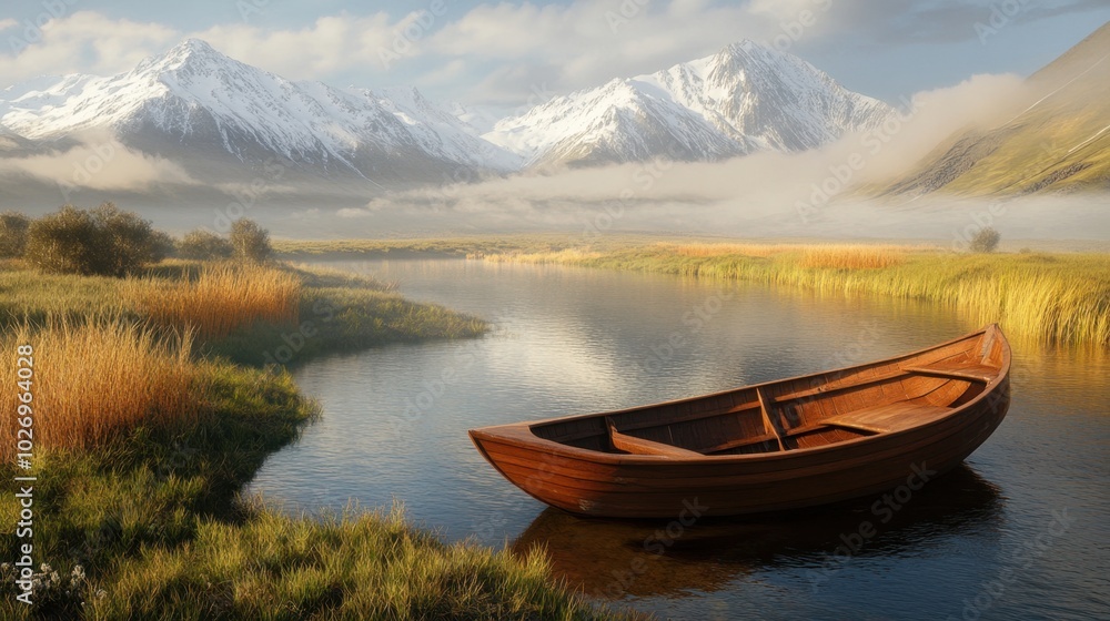 Wooden boat near a river and grassland, with snowy mountains in the distance and fog rolling in, setting a serene, natural mood. Wooden boat near a river and grassland, with snowy mountains in the distance and fog rolling in, setting a serene, natural mood.