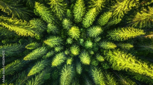 A panoramic view of a forest canopy from above, showcasing endless shades of green stretching to the horizon.