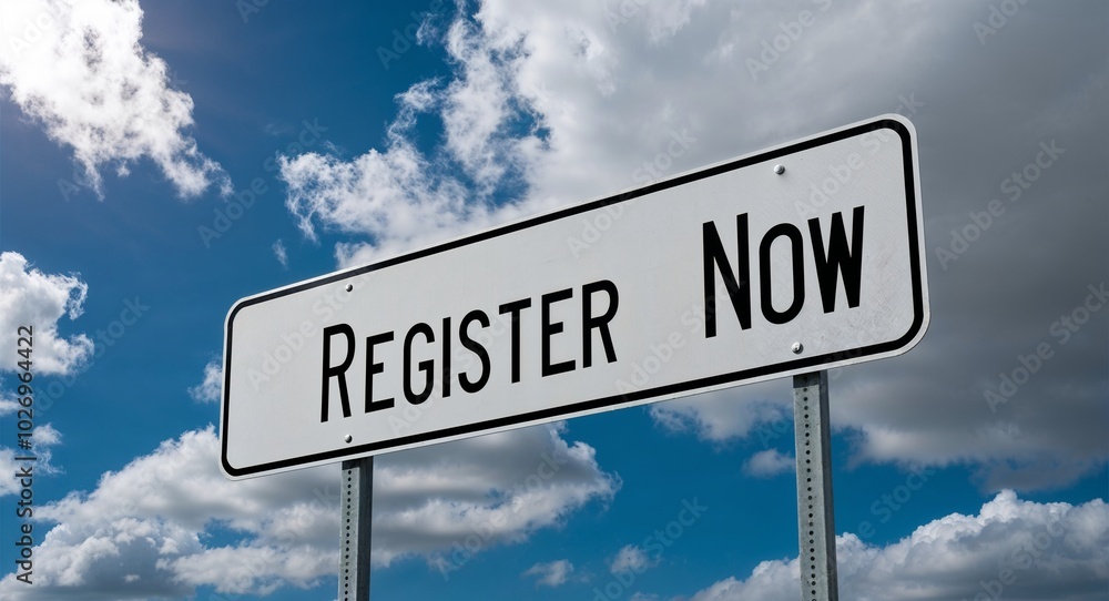 Fototapeta premium register now text on road sign with clouds and sky background