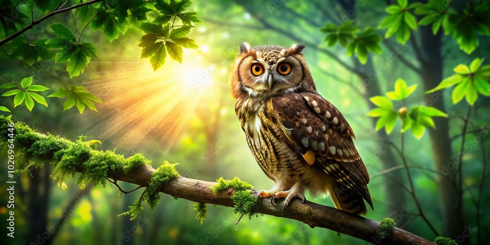 Majestic Owl Perched on a Branch in a Lush Forest Setting with High Depth of Field Majestic Owl Perched on a Branch in a Lush Forest Setting with High Depth of Field