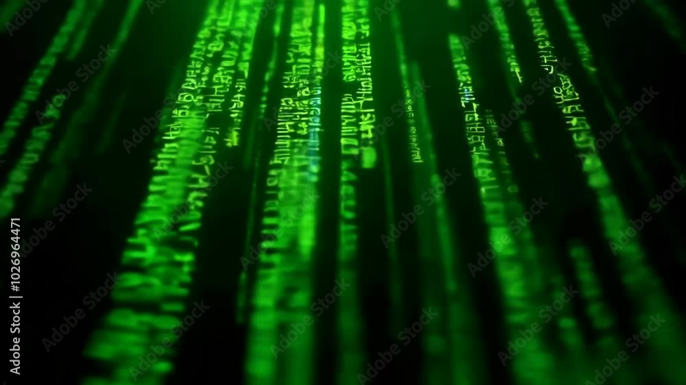 Green binary code, Matrix-like digital rain, cascading green code, cyberpunk data streams, glowing binary numbers, abstract tech background, computer programming visualization, futuristic Green binary code, Matrix-like digital rain, cascading green code, cyberpunk data streams, glowing binary numbers, abstract tech background, computer programming visualization, futuristic