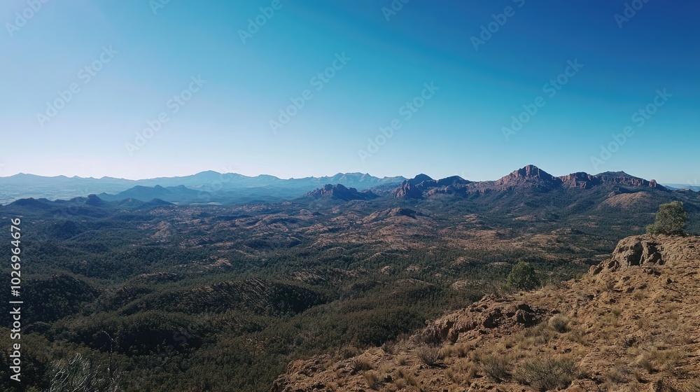 A panoramic view of the Flinders Ranges, with rugged peaks and valleys extending into the horizon