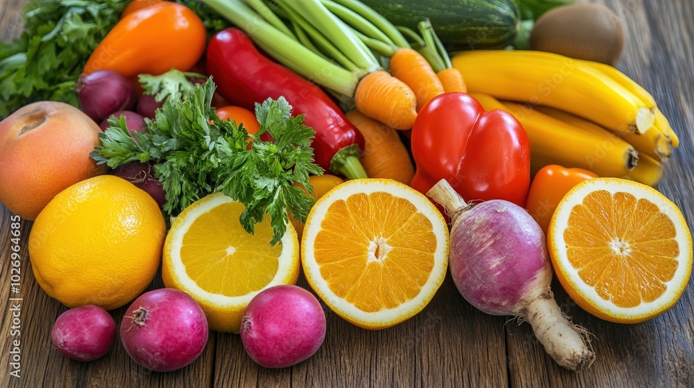 Close-up of vibrant fresh vegetables and fruits on wooden table, symbolizing healthy blood pressure foods, emphasizing natural nutrition and wellness. Close-up of vibrant fresh vegetables and fruits on wooden table, symbolizing healthy blood pressure foods, emphasizing natural nutrition and wellness.