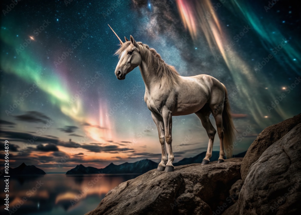 Majestic Unicorn on Cliff Under Starry Sky with Vibrant Auroras - Low Light Photography Majestic Unicorn on Cliff Under Starry Sky with Vibrant Auroras - Low Light Photography