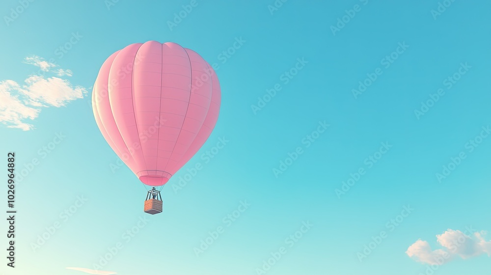 Fototapeta premium A pastel pink hot air balloon floating in a clear blue sky, with the horizon stretching out below