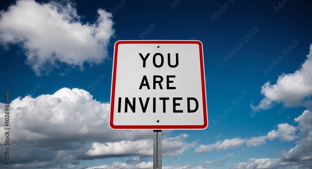 you are invited text on road sign with clouds and sky background you are invited text on road sign with clouds and sky background