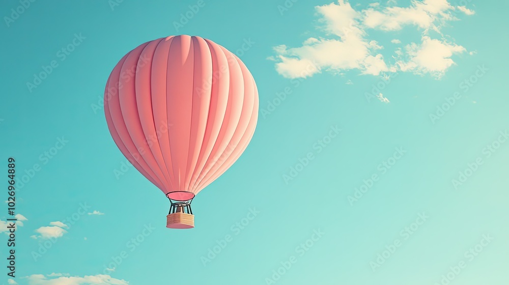 Naklejka premium A pastel pink hot air balloon floating in a clear blue sky, with the horizon stretching out below